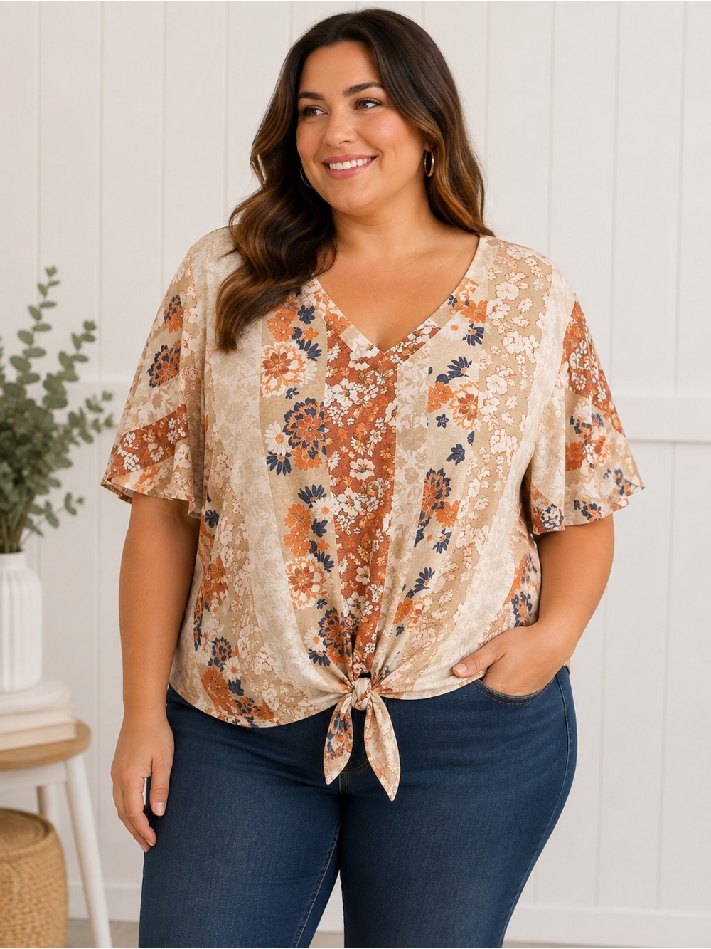 Tru self plus size Floral Print V-Neck Tie-Front Short Sleeve Blouse size 3X